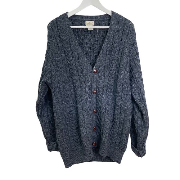 L.L. Bean Men's Dark Charcoal Gray Size L 100% Wool Irish Knit Cardigan Sweater - Picture 1 of 6
